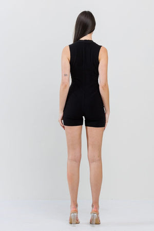 THICK JERSEY ZIP UP MOCK NECK ROMPER- BLACK